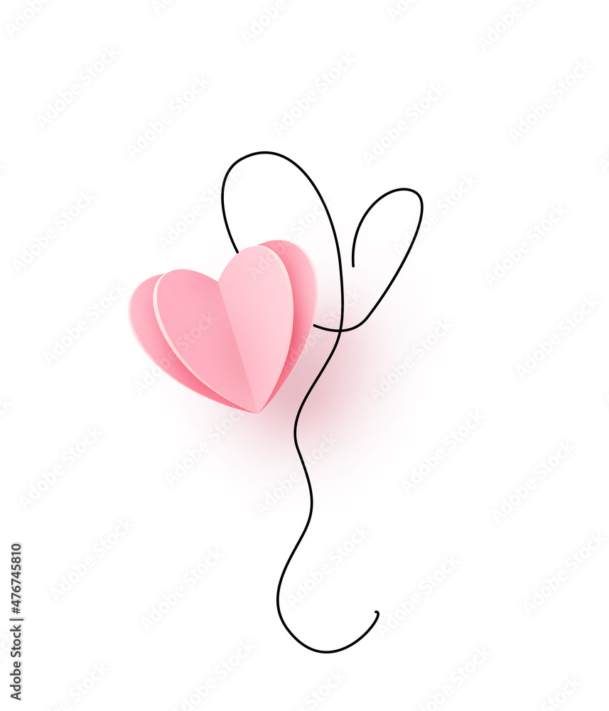Pink heart in paper cut 3d style with continuous line heart balloon ...