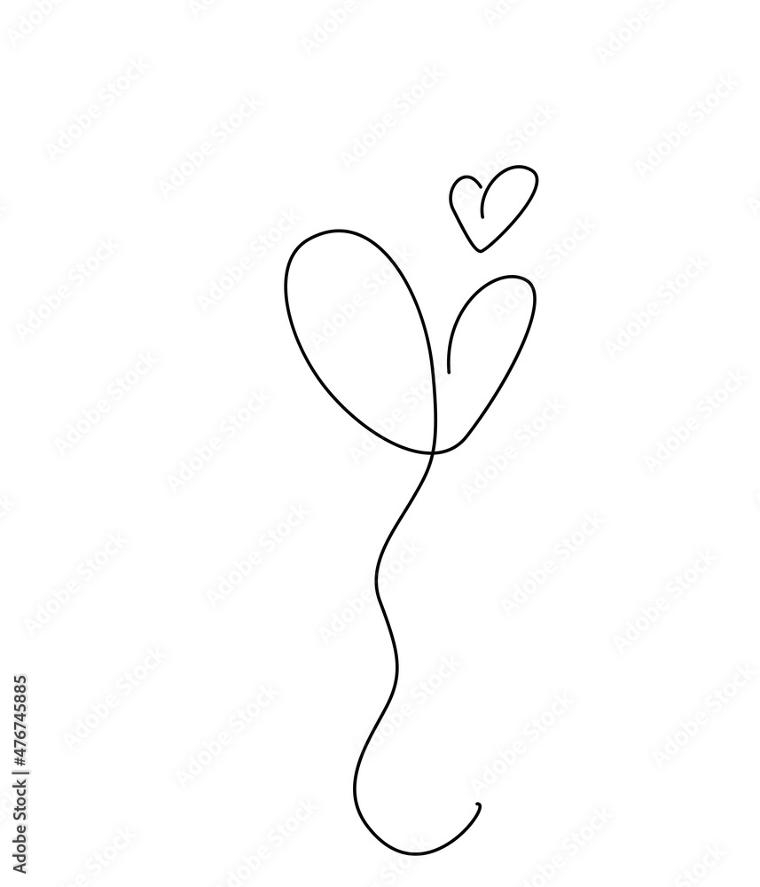 Continuous line heart balloon isolated on white background for valentines day, wedding design template. Love creative vector illustration Continuous line heart balloon isolated on white background for valentines day, wedding design template. Love creative vector illustration
