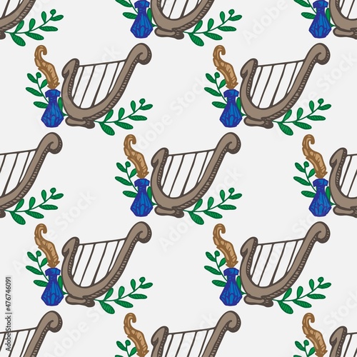 Feather, inkwell and lyra vector seamless pattern