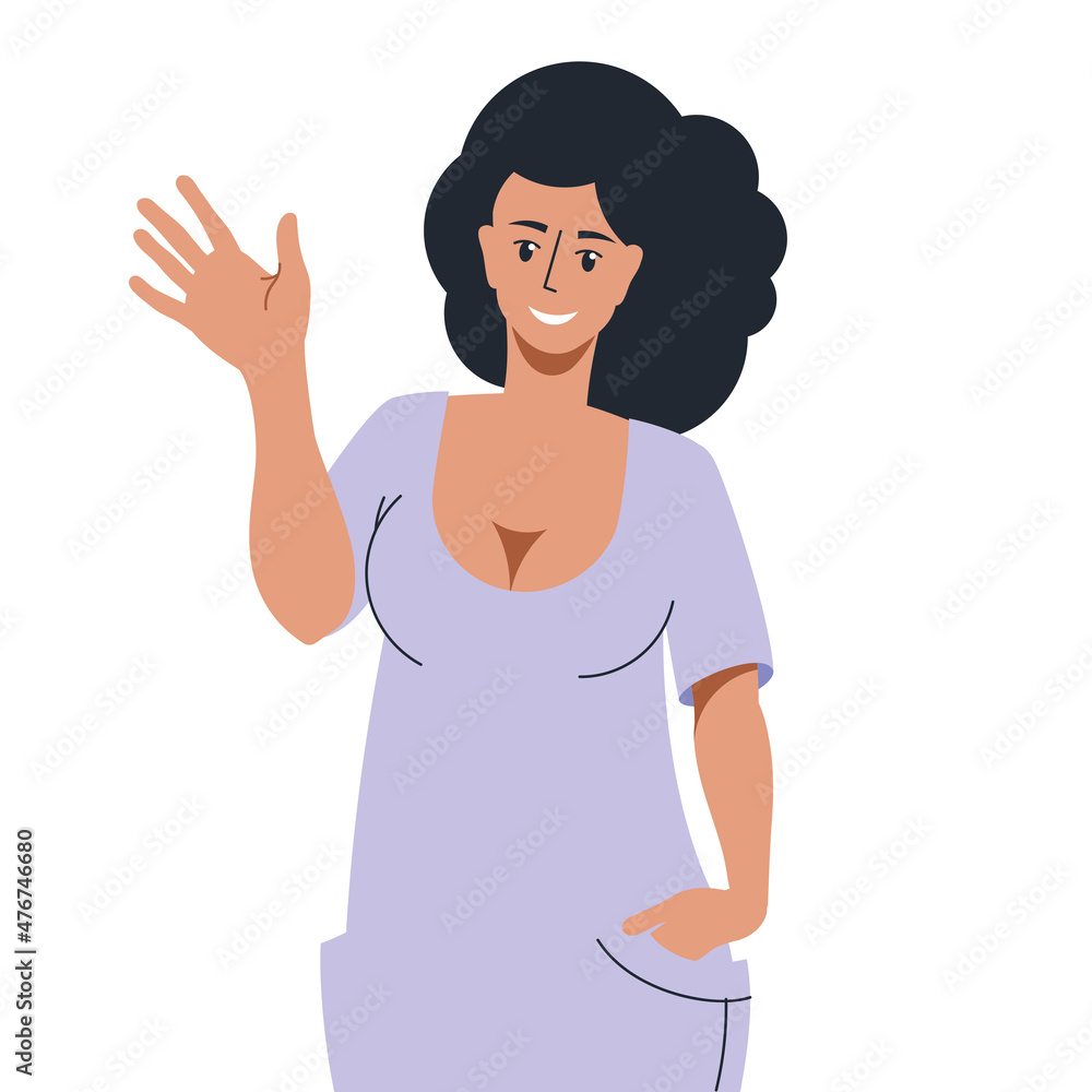 The girl waves her hand. Welcome gesture. Vector image. The girl waves her hand. Welcome gesture. Vector image.