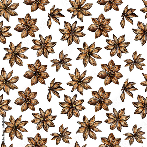 Watercolor painting of spice cinnamon stars. Seamless repeating print with cinnamon bark and spice flowers. A fragrant ingredient for baked goods or coffee. Isolated on white. Drawn by hand.