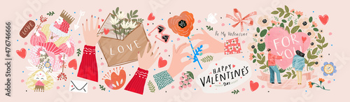 Valentine's day, February 14. Vector illustrations of love, couple, heart, valentine, king, queen, hands, flowers. Drawings for postcard, card, congratulations and poster.