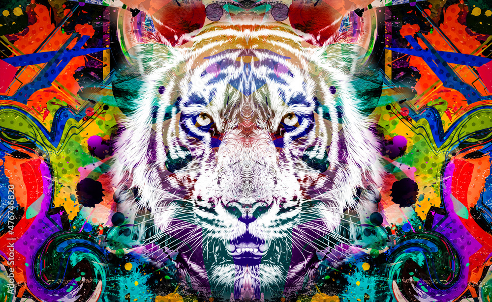 Obraz premium Tiger head with colorful creative abstract elements on bright background