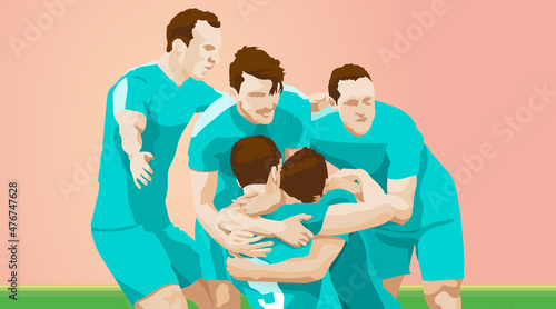 Soccer Illustration. A circle of joy that gathers and embraces the players who scored goals and scored shots. Vector