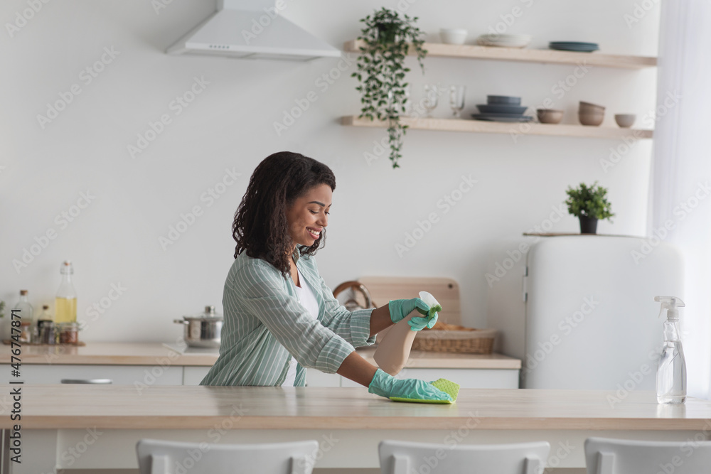 Nice attractive hardworking cheerful cheery woman making domestic work cleansing table Nice attractive hardworking cheerful cheery woman making domestic work cleansing table