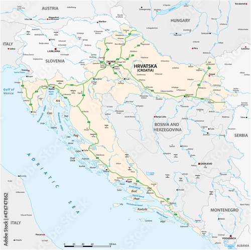 vector map of highways and main cities of Croatia 