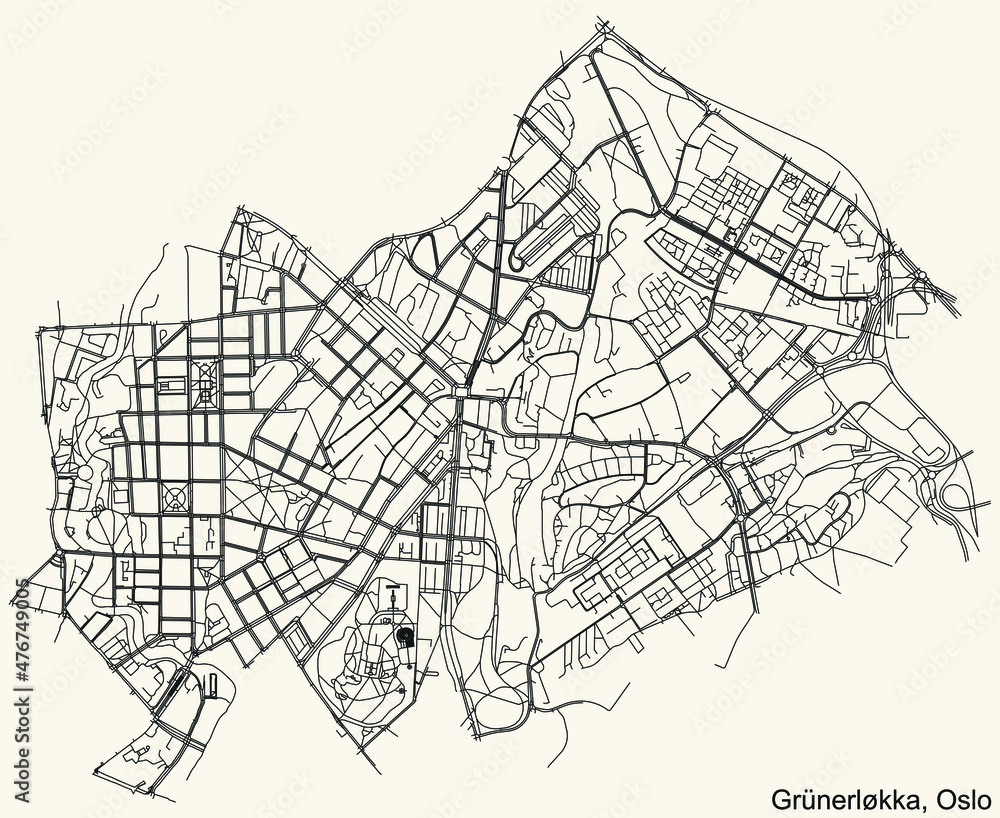 Detailed navigation urban street roads map on vintage beige background of the quarter Grünerløkka Borough of the Norwegian capital city of Oslo, Norway