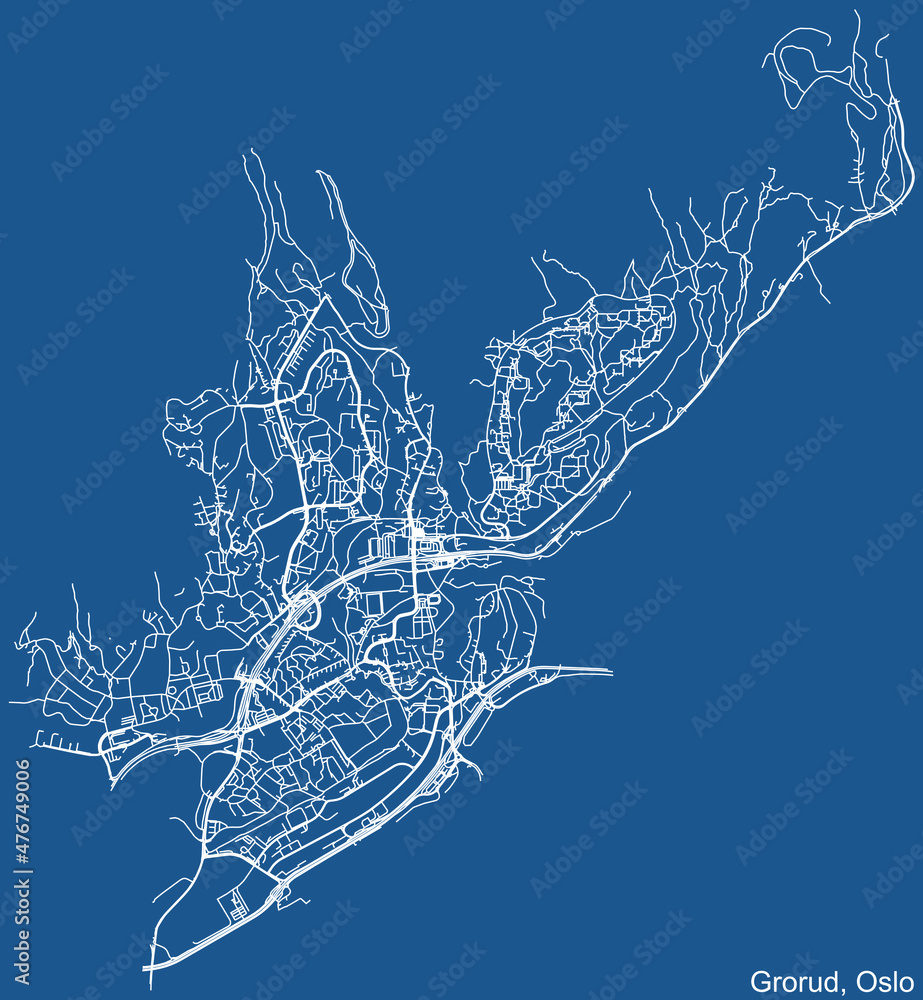Detailed technical drawing navigation urban street roads map on blue background of the quarter Grorud Borough of the Norwegian capital city of Oslo, Norway
