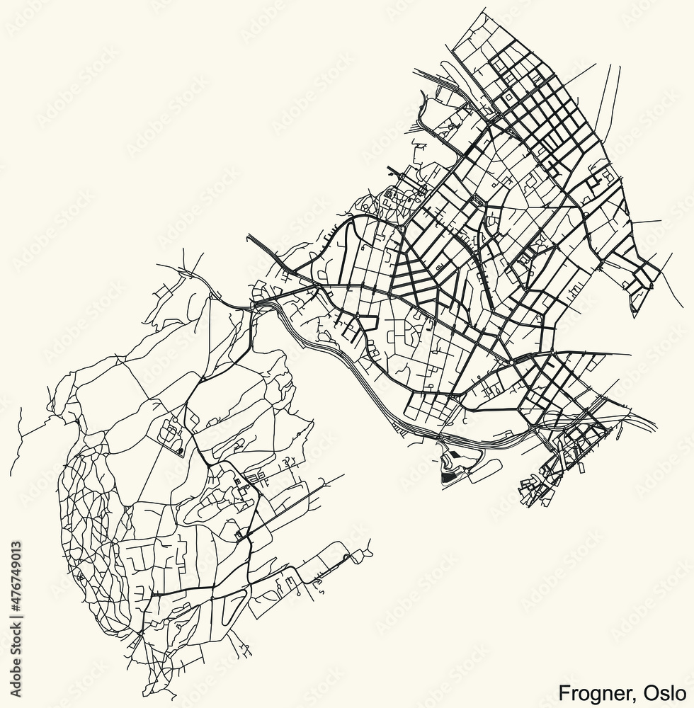 Detailed navigation urban street roads map on vintage beige background of the quarter Frogner Borough of the Norwegian capital city of Oslo, Norway