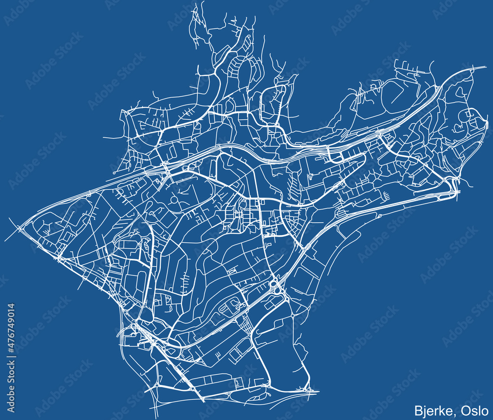 Detailed technical drawing navigation urban street roads map on blue background of the quarter Bjerke Borough of the Norwegian capital city of Oslo, Norway