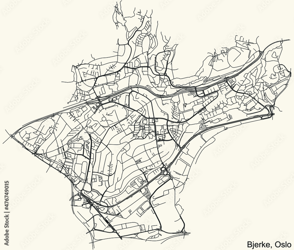 Fototapeta premium Detailed navigation urban street roads map on vintage beige background of the quarter Bjerke Borough of the Norwegian capital city of Oslo, Norway