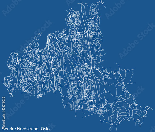 Detailed technical drawing navigation urban street roads map on blue background of the quarter Søndre Nordstrand Borough of the Norwegian capital city of Oslo, Norway photo