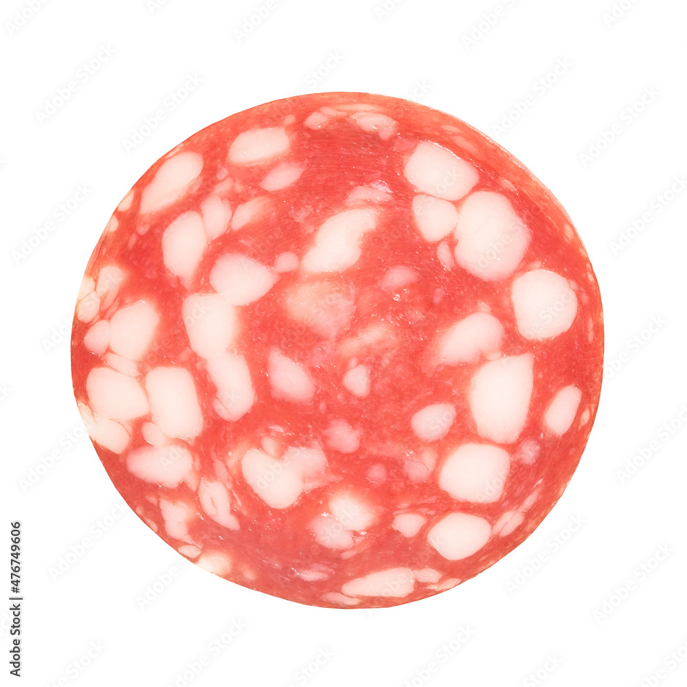 Smoked sausage salami made of meat with lard, slice close-up isolated on white background. Smoked sausage salami made of meat with lard, slice close-up isolated on white background.