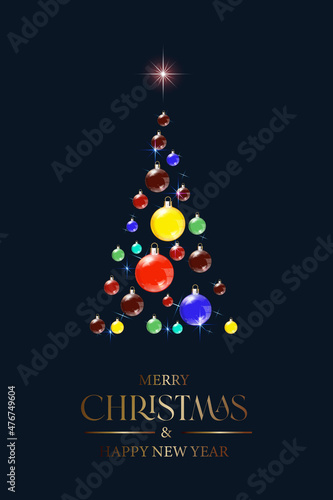 Merry Christmas and New Year - vector greeting card with a greeting inscription. Christmas tree with colorful glass balls.