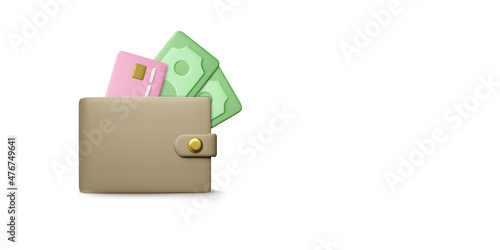 Wallet with paper currency and credit card in realistic cartoon style. 3D purse with green dollars for banner or poster