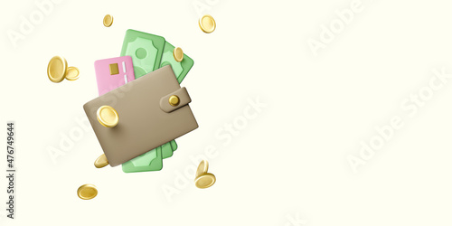 Wallet with paper currency and credit card in realistic cartoon style. 3D purse with green dollars and flying money