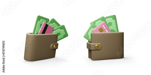 Wallet with paper currency and credit card in realistic cartoon style in different view. 3D purse with green dollars