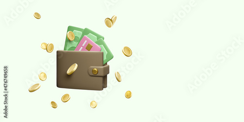Wallet with paper currency credit card and flying gold coin in realistic cartoon style. 3D purse with green dollars