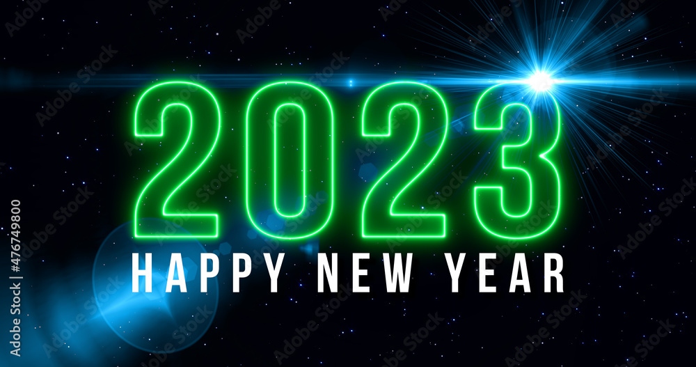 Motion of happy new year on star space wiggle background pattern. New year 2023 fire line celebration on star movement abstract backgrounds