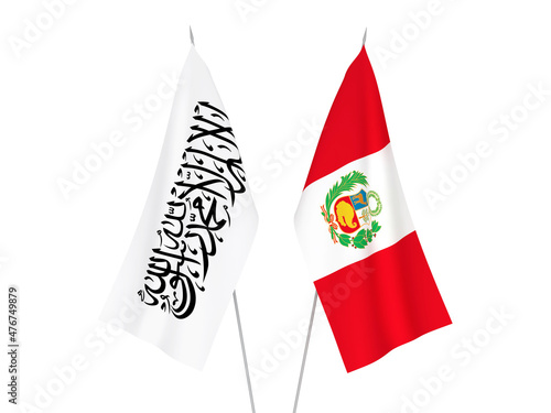 National fabric flags of Peru and Taliban isolated on white background. 3d rendering illustration.