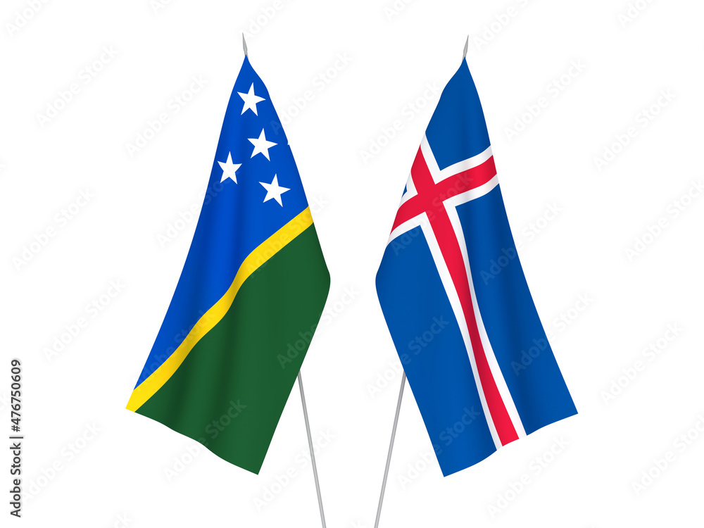 National fabric flags of Iceland and Solomon Islands isolated on white background. 3d rendering illustration.