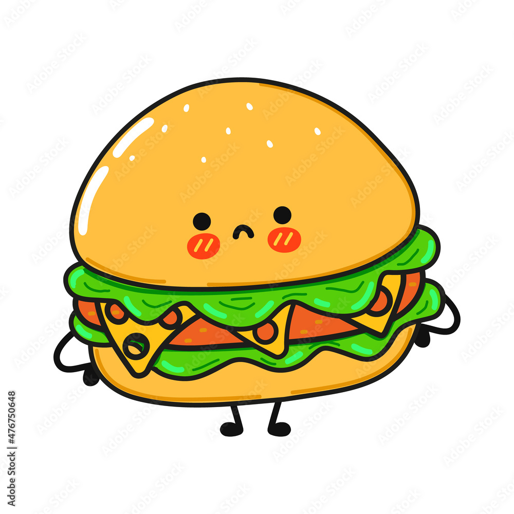 Cute sad hamburger character. Vector hand drawn cartoon kawaii character illustration icon. Isolated on white background. Hamburger character concept Cute sad hamburger character. Vector hand drawn cartoon kawaii character illustration icon. Isolated on white background. Hamburger character concept