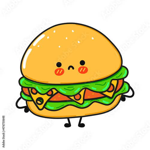 Cute sad hamburger character. Vector hand drawn cartoon kawaii character illustration icon. Isolated on white background. Hamburger character concept