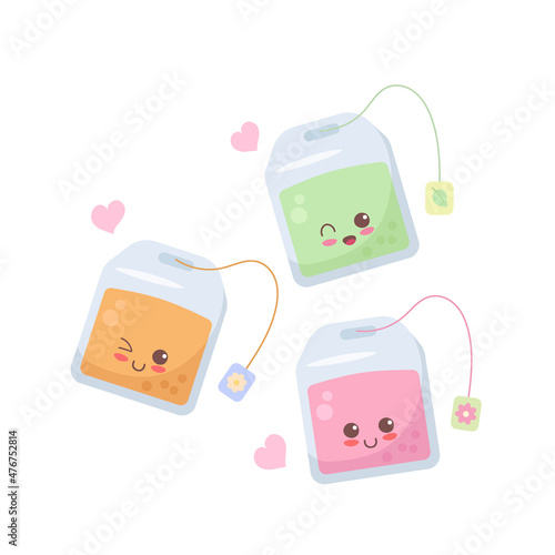 Cute tea bags - rose tea, orange and green. Adorable little food characters. Use for stickers, card, children menu, print. Happy smiling drink mascots vector illustration isolated on white background.