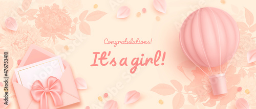 Baby shower horizontal banner with cartoon hot air balloon, envelope and petals on floral background. It's a girl. Vector illustration