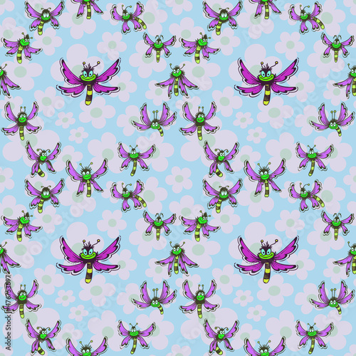 Vector seamless pattern. Ornament with insects and flowers. Design print for textile, fabric, wallpaper, background.