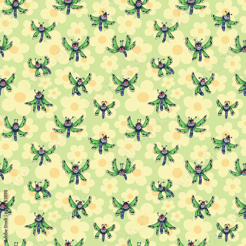 Vector seamless pattern. Ornament with insects and flowers. Design print for textile, fabric, wallpaper, background.