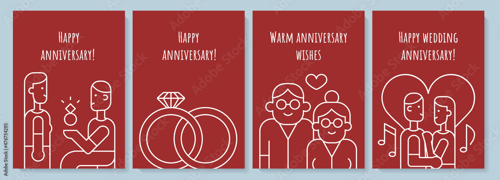 Anniversary postcard with linear glyph icon set. Married couple congrats. Greeting card with decorative vector design. Simple style poster with creative lineart illustration. Flyer with holiday wish