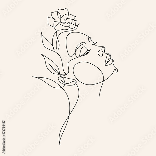 Elegant Line Art Woman with Flower on her Head. Minimalist Floral Feminine logo