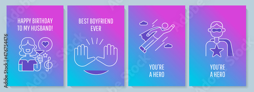 For him postcard with linear glyph icon. Congrats boyfriend and husband. Greeting card with decorative vector design. Simple style poster with creative lineart illustration. Flyer with holiday wish