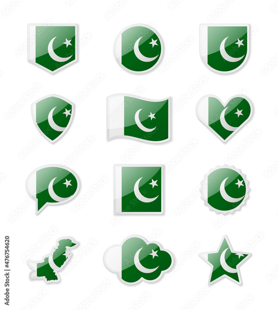 Obraz premium Pakistan - set of country flags in the form of stickers of various shapes.