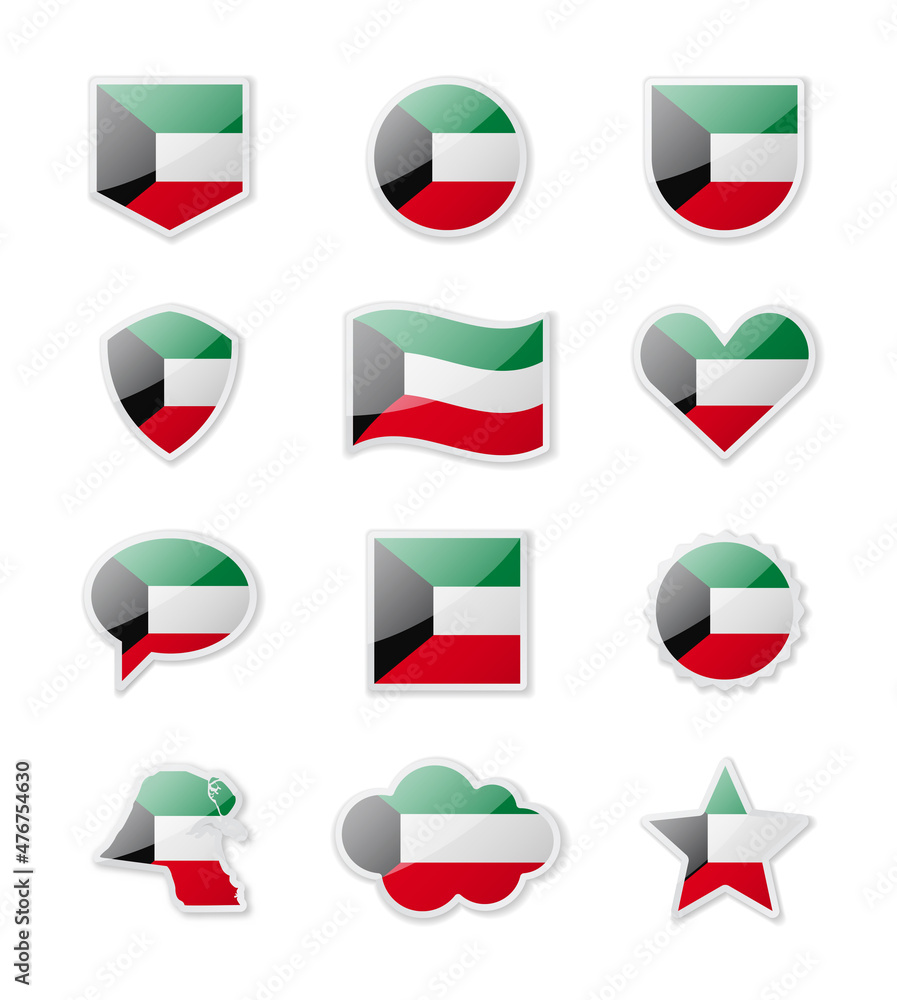 Kuwait - set of country flags in the form of stickers of various shapes. Kuwait - set of country flags in the form of stickers of various shapes.