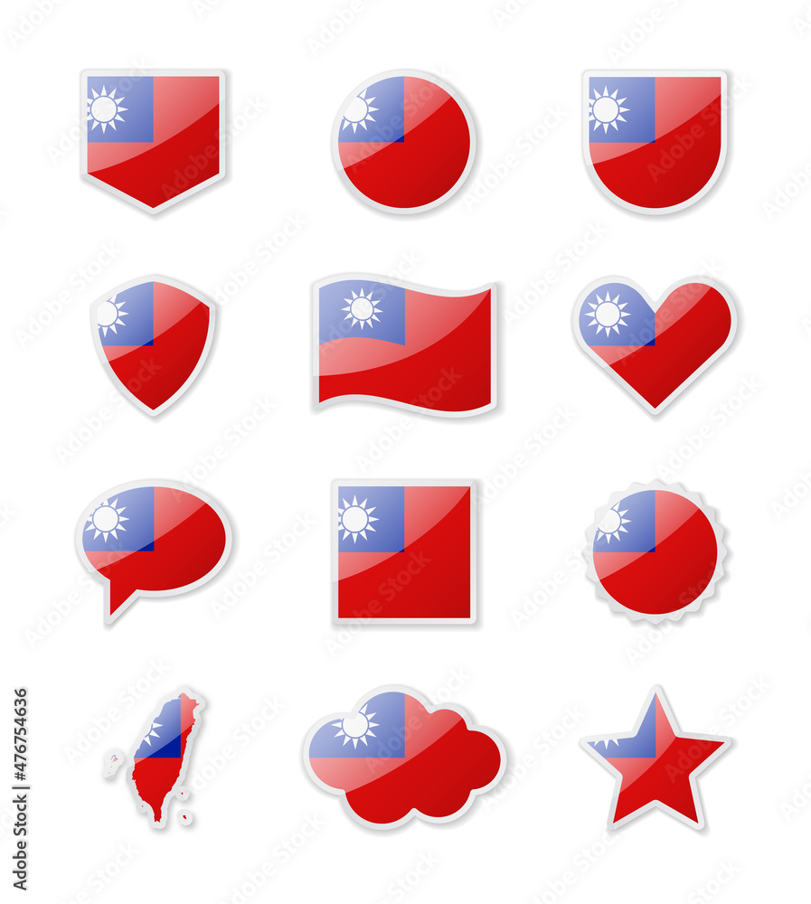 Taiwan - set of country flags in the form of stickers of various shapes. Taiwan - set of country flags in the form of stickers of various shapes.