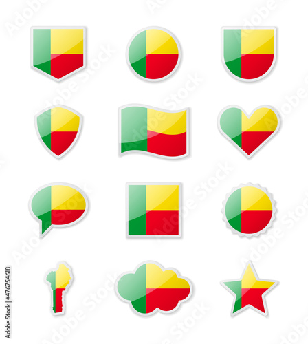 Benin - set of country flags in the form of stickers of various shapes.