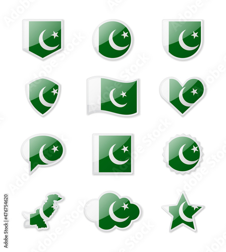 Pakistan - set of country flags in the form of stickers of various shapes.