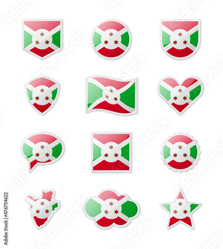 Burundi - set of country flags in the form of stickers of various shapes.