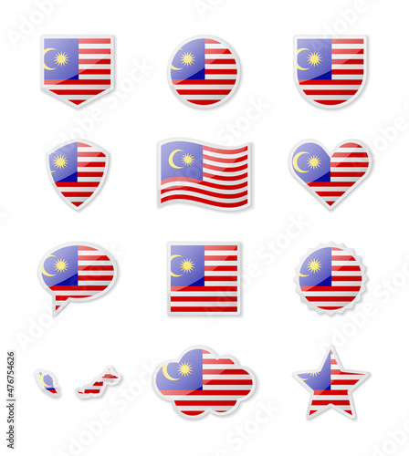 Malaysia - set of country flags in the form of stickers of various shapes.