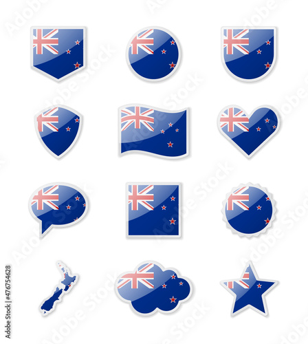 New Zealand - set of country flags in the form of stickers of various shapes.
