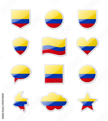 Colombia - set of country flags in the form of stickers of various shapes.