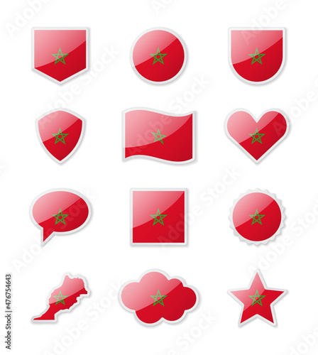 Morocco - set of country flags in the form of stickers of various shapes.