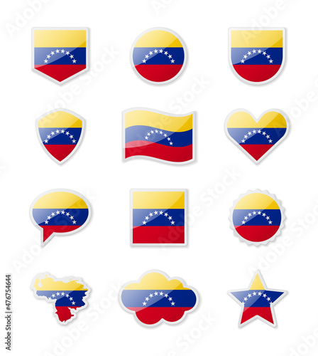 Venezuela - set of country flags in the form of stickers of various shapes.