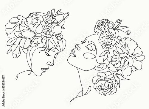 Woman Flower Head Logo. Nature Abstract Sketch, Beauty Continuous Line Artwork, Face Figure Art. Floral Feminine vector Label