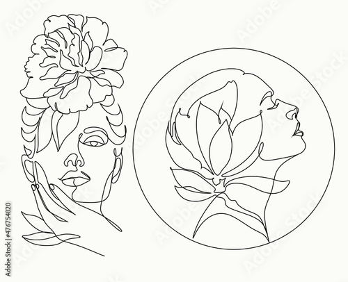 Woman face with flowers. Abstract face with plant by one line drawing. Portrait minimalistic style. Botanical print. Nature symbol of cosmetics. 