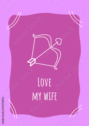 Love my spouse purple postcard with linear glyph icon. For beloved woman. Greeting card with decorative vector design. Simple style poster with creative lineart illustration. Flyer with holiday wish