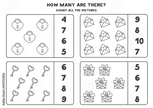 Counting game with cute valentine elements. Educational worksheet.