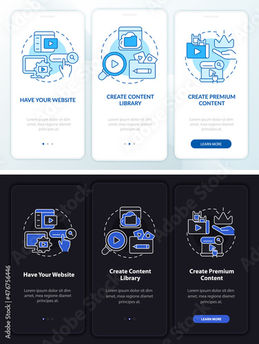Video on demand night, day mode onboarding mobile app screen. Content walkthrough 3 steps graphic instructions pages with linear concepts. UI, UX, GUI template. Myriad Pro-Bold, Regular fonts used